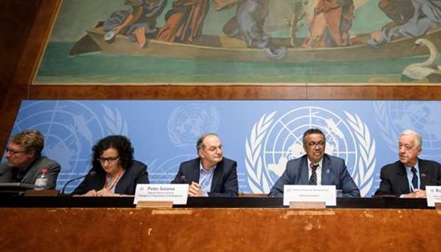 World Health Organization (WHO) Director General Tedros Adhanom Ghebreyesus (2nd R) is flanked by WHO chairman of the Emergency Committee on Ebola, Robert Steffen (R) and head of the WHO Health Emergencies Programme Peter Salama (3rd L) during a press conference following an International Health Regulations Emergency Committee on an Ebola outbreak in Democratic Republic of the Congo