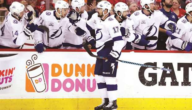Tampa Bay Lightning left wing Alex Killorn celebrates with teammates after scoring a goal against the Washington Capitals in the third period in game four of the Eastern Conference Final in the 2018 Stanley Cup Playoffs. PICTURE: USA TODAY Sports