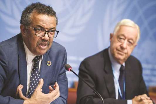 World Health Organisation (WHO) Director-General Tedros Adhanom Ghebreyesus (left) and WHO chairman of the Emergency Committee on Ebola, Robert Steffen attend a press conference following an International Health Regulations Emergency Committee on an outbreak in Democratic Republic of the Congo yesterday, at the United Nations Offices in Geneva.