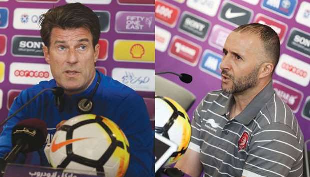 Al Rayyan coach Michael Laudrup (left) and Al Duhail coach Djamel Belmadi address a press conference on the eve of the Amir Cup final yesterday. PICTURES: Jayan Orma