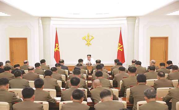 North Korean leader Kim Jong-un speaking while attending the first Enlarged Meeting of the 7th Central Military Commission of the Workersu2019 Party of Korea (WPK) in Pyongyang.