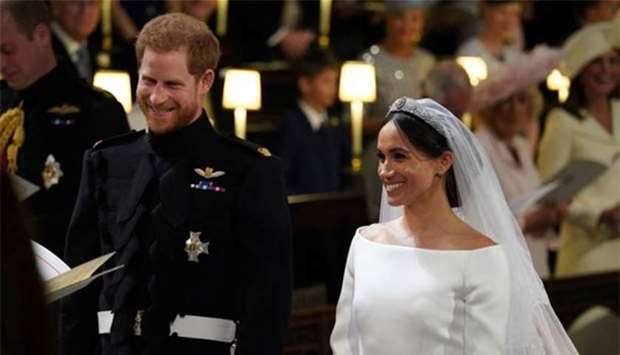 Prince Harry and Meghan Markle in St George\'s Chapel at Windsor Castle during their wedding in Windsor on Saturday