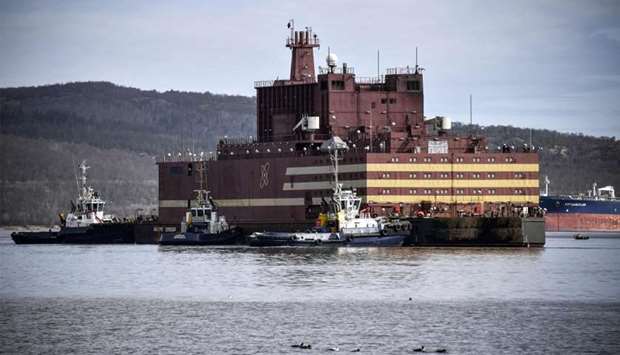 Floating power unit (FPU) Akademik Lomonossov is being towed to Atomflot moorage of the Russian northern port city of Murmansk