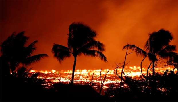 Lava flows past trees on the outskirts of Pahoa during ongoing eruptions of the Kilauea Volcano in Hawaii