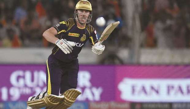 Kolkata Knight Ridersu2019 Chris Lynn watches the ball after playing a shot during the 2018 Indian Premier League match against Sunrisers Hyderabad at The Rajiv Gandhi International Cricket Stadium in Hyderabad yesterday. (AFP)