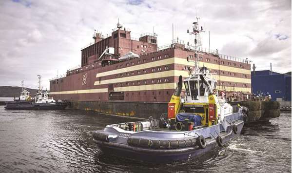 The Akademik Lomonossov being towed to the Atomflot moorage of the Russian northern port city of Murmansk.