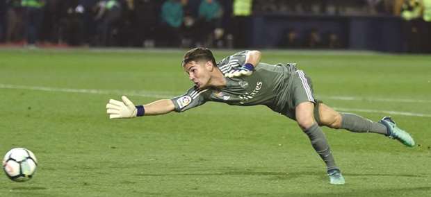 Real Madridu2019s Luca Zidane dives for the ball during the match against Villarreal on Saturday. (AFP)