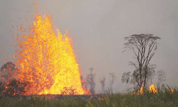 Lava from a Kilauea volcano fissure erupts on Hawaiiu2019s Big Island in Kapoho, Hawaii.