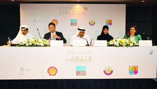 FBQ chairman Sheikh Faisal bin Qassim al-Thani during the announcement of the launch of u2018Cultures in Dialogueu2019 international exhibition. Joining him are (from left) HE the Minister of State Hamad bin Abdulaziz al-Kuwari, Qatar Shell Companies chairman and managing director Andrew Faulkner, Qatar National Committee for Education, Science and Culture secretary general Dr Hamda al-Sulaiti, and Unesco Doha Office director Dr Anna Paolini.