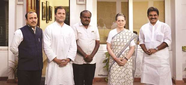 JD-S leader Danish Ali and Karnataka chief minister designate H D Kumaraswamy call on Congress president Rahul Gandhi and UPA chairperson Sonia Gandhi in New Delhi yesterday. Also seen is Congress leader K C Venugopal.