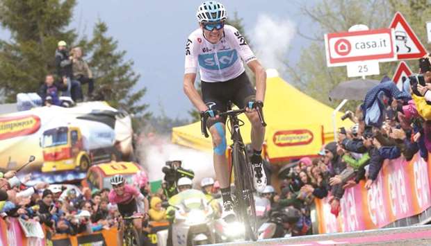 Team Sky rider Chris Froome crosses the finish line to win the 14th stage of the Giro du2019Italia at Monte Zoncolan on Saturday. (AFP)
