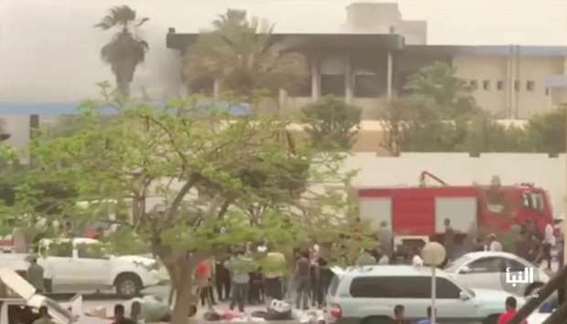 The site of suicide attack on Libyan electoral commission is seen in Tripoli, Libya, May 2, 2018 in this still picture obtained from social media video