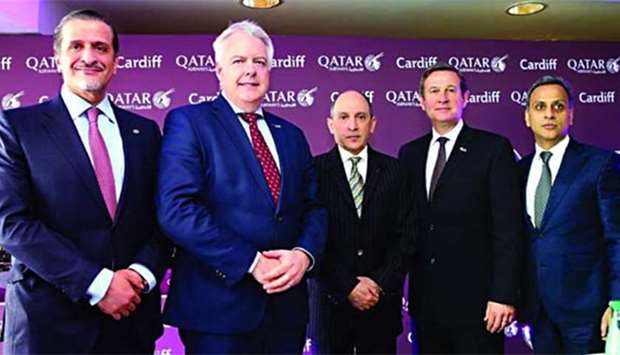 Akbar al-Baker (centre) is seen with (from left) Qataru2019s ambassador to the UK Yousef Ali al-Khater, Wales' First Minister Carwyn Jones, Cardiff Airport chairman Roger Lewis, and British ambassador to Qatar Ajay Sharma at the event.
