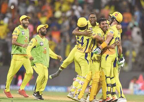 Chennai Super Kingsu2019 players celebrate after winning the 2018 Indian Premier League first qualifier against Sunrisers Hyderabad at the Wankhede Stadium in Mumbai yesterday. (AFP)