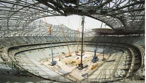 An interior view of the under construction Al Bayt Stadium