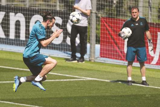 Real Madridu2019s Gareth Bale trains in Madrid yesterday, on the eve of the Champions League final against Liverpool. (Reuters)