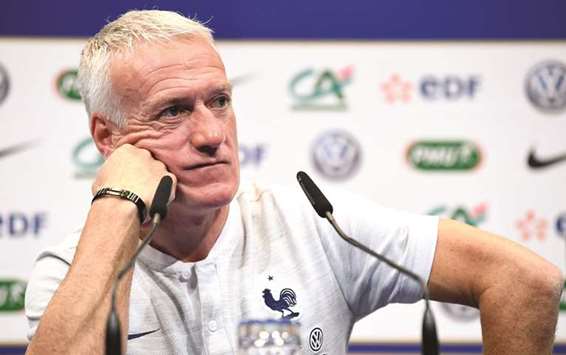 Franceu2019s team head coach Didier Deschamps attends a press conference in Clairefontaine-en-Yvelines, France, yesterday. (AFP)