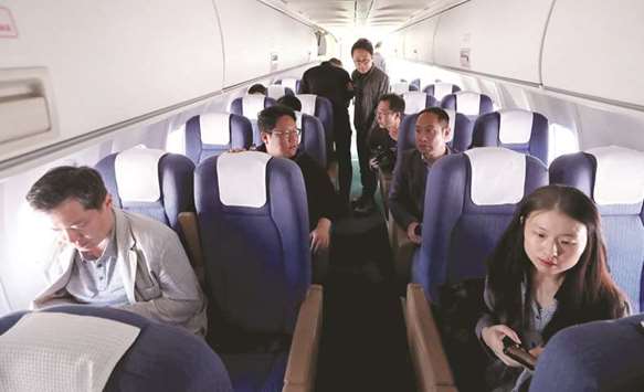 Members of a South Korean media group bound for Wonsan, at Seoul Air Base in Seongnam, South Korea.