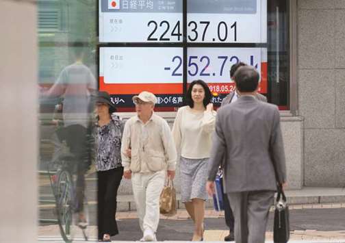 Pedestrians walk past a stock indicator showing share prices on the Tokyo Stock Exchange. Tokyou2019s benchmark Nikkei index fell for the third consecutive session yesterday, with automakers battered by news that Washington was considering possible tariffs on automobile imports.