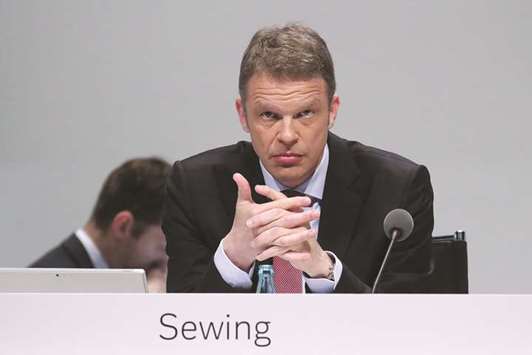 Christian Sewing, CEO of Deutsche Bank, looks on at the German lenderu2019s annual general meeting in Frankfurt yesterday. Sewing said the bank was committed to its international presence, fleshing out his plan to scale back its global investment bank and refocus on Europe and its home market after three consecutive years of losses.