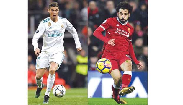 Real Madridu2019s Portuguese forward Cristiano Ronaldo (left) and Liverpoolu2019s Egyptian midfielder Mohamed Salah will carry their teamu2019s hopes when they meet in the Champions League final in Kiev, Ukraine, tomorrow. (AFP)