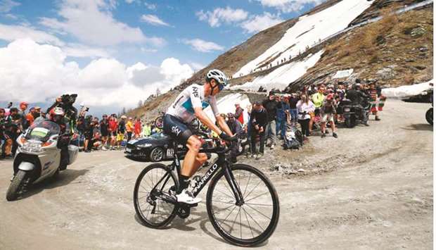 British cyclist Christopher Froome rides on the Colle delle Finestre during the 19th stage of the 101st Giro du2019Italia in Bardonecchia yesterday. (AFP)