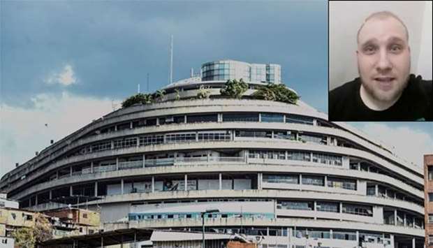 El Helicoide, the headquarters of the Bolivarian National Intelligence Service, is seen in Caracas. Inset, Joshua Holt.
