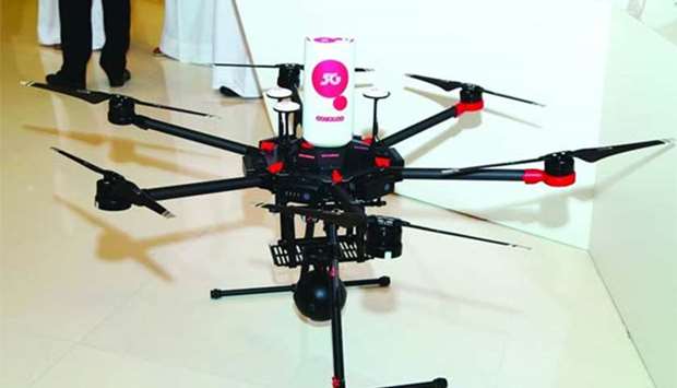 An Ooredoo Customer Premise Equipment or CPE mounted on a drone, which is a terminal device that supports 5G. Ooredoo says it is already able to use its 5G network on specially adapted drones, which will then be part of a ,national fleet of service drones. PICTURE: Ram Chand