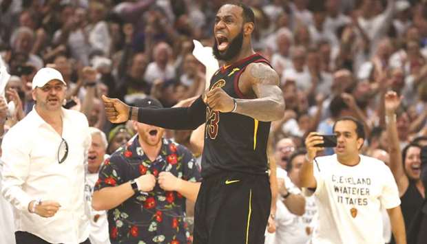 LeBron James of the Cleveland Cavaliers reacts after a basket in the fourth quarter against the Boston Celtics during game six of the 2018 NBA Eastern Conference Finals at Quicken Loans Arena in Cleveland, Ohio. (Getty Images/AFP)