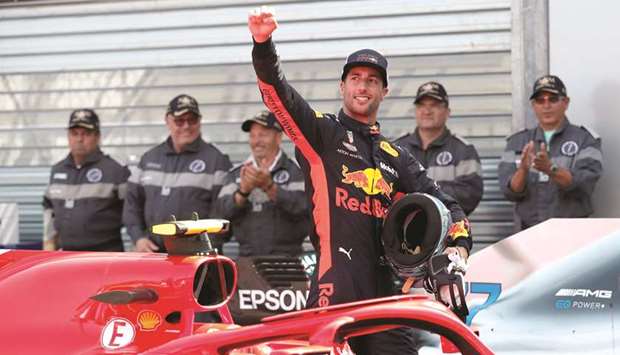 Red Bullu2019s Daniel Ricciardo celebrates winning the pole position in Monaco yesterday. (Reuters)