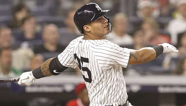 New York Yankees second baseman Gleyber Torres hits a solo home run against the Los Angeles Angels during the seventh inning at Yankee Stadium. PICTURE: USA TODAY Sports