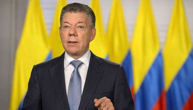Colombia's President Juan Manuel Santos gives a speech to the nation in Bogota