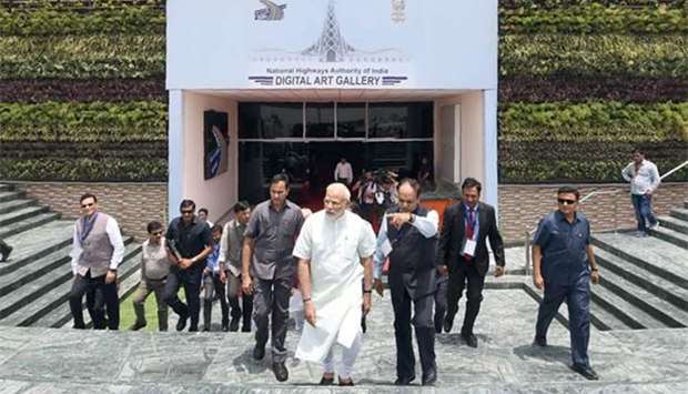 India's Prime Minister Narendra Modi visiting the Digital Art Gallery before inaugurating Delhi-Meerut Expressway, in New Delhi on Sunday.