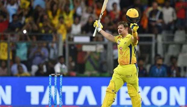 Chennai Super Kings' Shane Watson celebrates after scoring a century during the 2018 Indian Premier League final at the Wankhede Stadium in Mumbai on Sunday.