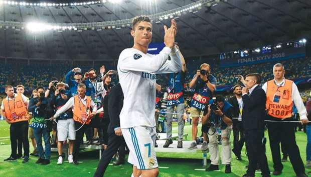 Real Madridu2019s Portuguese forward Cristiano Ronaldo applauds supporters after the UEFA Champions League final against Liverpool at the Olympic Stadium in Kyiv, Ukraine, on Saturday. (AFP)