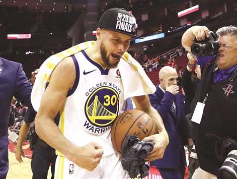 Stephen Curry of the Golden State Warriors reacts after winning game seven of the Western Conference Finals of the 2018 NBA playoffs against the Houston Rockets at Toyota Centre in Houston, Texas. (Getty Images/AFP)