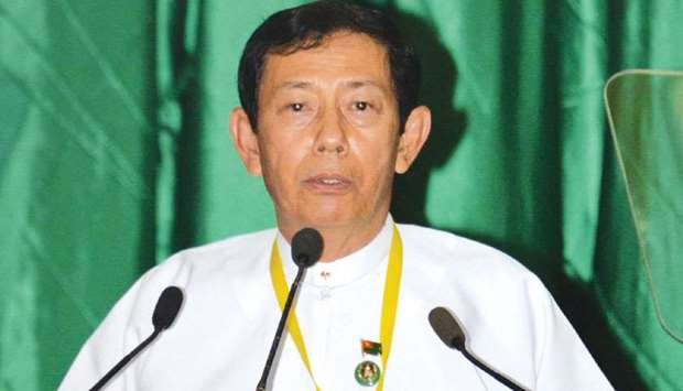Myanmar Union Solidarity and Development Party (USDP) chairman Than Htay speaks during the USDP youth assembly in Naypyidaw yesterday.