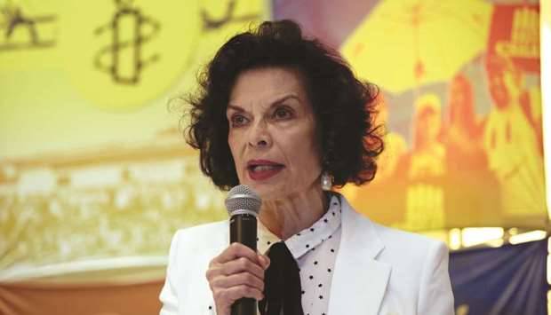Human rights activist Bianca Jagger speaks during a news conference with Amnesty International executives about the launch of the documents for multiple cases of violence and repression during recent protests against Nicaraguau2019s President Daniel Ortegau2019s government in Managua on Tuesday.