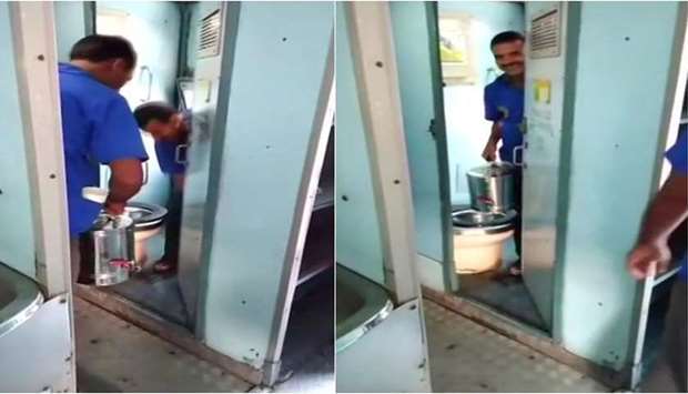 Screenshots from video that shows two railway tea vendors filling their cans with toilet