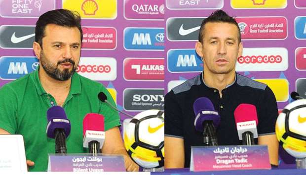 Al Gharafa coach Bulent Uygun (left) and Mesaimeer coach Dragan Tadic address media yesterday.