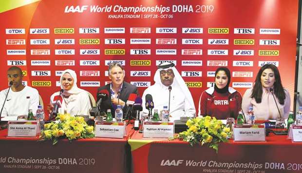 (From left) Qatari athlete Saud al-Hamadi, Sheikha Asma al-Thani, director of Marketing and Communications at Doha 2019 Local Organising Committee (LOC), International Association of Athletics Federations (IAAF) president Sebastian Coe, IAAF vice president and Doha 2019 LOC vice chairman Dahlan al-Hamad, Qatari athlete Mariam Farid and Noha Essawy, deputy director of Marketing and Communications at Doha 2019 LOC, at a press conference in Doha yesterday. PICTURE: Ram Chand