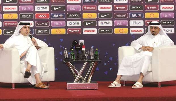 2018 Amir Cup Tournament Director Abdullah al-Saai and Al Kass Sports Channels programs manager Abdullah Marrafi address the media at a press conference yesterday. PICTURES: Shemeer Rasheed