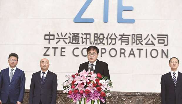 ZTEu2019s chairman Yin Yimin speaks at a news conference in Shenzhen,  Guangdong province. Trading of ZTE shares has been suspended in Hong Kong and Shenzhen since April 17, after the US Commerce Department imposed a seven-year ban on buying American-made chips.