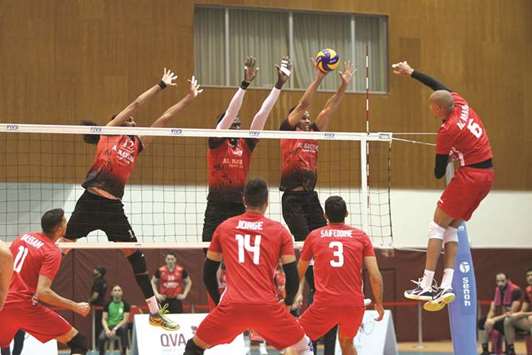 Action from the second match of the best-of-three semi-finals between Al Rayyan (in red and black) and Al Arabi (in red) in the 2018 Amir Cup Volleyball Championship at Qatar Volleyball Association Hall yesterday. PICTURE: Othman Iraqi