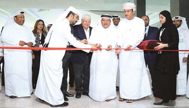 HE Sheikh Faisal bin Qassim al-Thani inaugurating an exhibition accompanying the third international conference on social responsibility, in Doha yesterday.