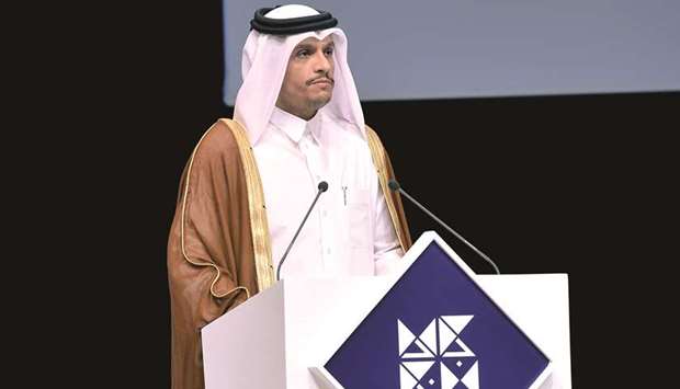 HE the Deputy Prime Minister and Minister for Foreign Affairs Sheikh Mohamed bin Abdulrahman al-Thani delivering the keynote address.