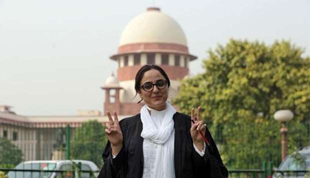 Deepika Singh Rajawat, lawyer for an eight-year-old girl's family who was raped and murdered in Jammu's Kathua district in January, gestures after a hearing in the Supreme Court in New Delhi on Monday.