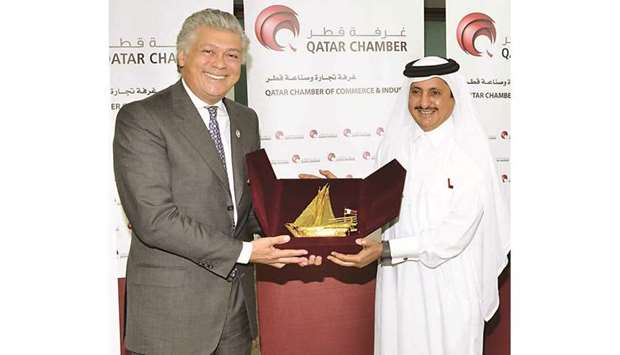 Qatar Chamber chairman Sheikh Khalifa bin Jassim al-Thani and Greece-Qatar Business Council chairman Panagiotis Mihalos.