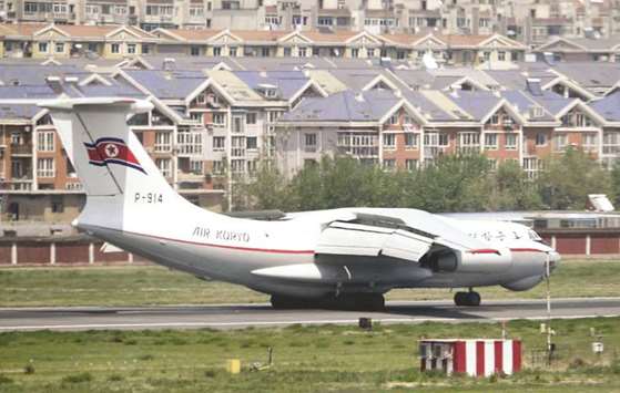 A North Korean Air Koryo airplane arrives at an airport in Dalian, Liaoning province, China, yesterday.