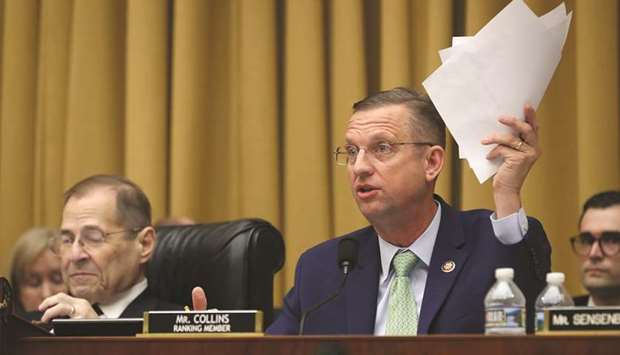 Judiciary Committee ranking member Rep. Doug Collins (R-GA) delivers remarks during a mark-up hearing where members voted to hold Attorney General William Barr in contempt of Congress for not providing an un-redacted copy of special prosecutor Robert Muelleru2019s report, in the Rayburn House Office Building on Capitol Hill on May 8, in Washington, DC.